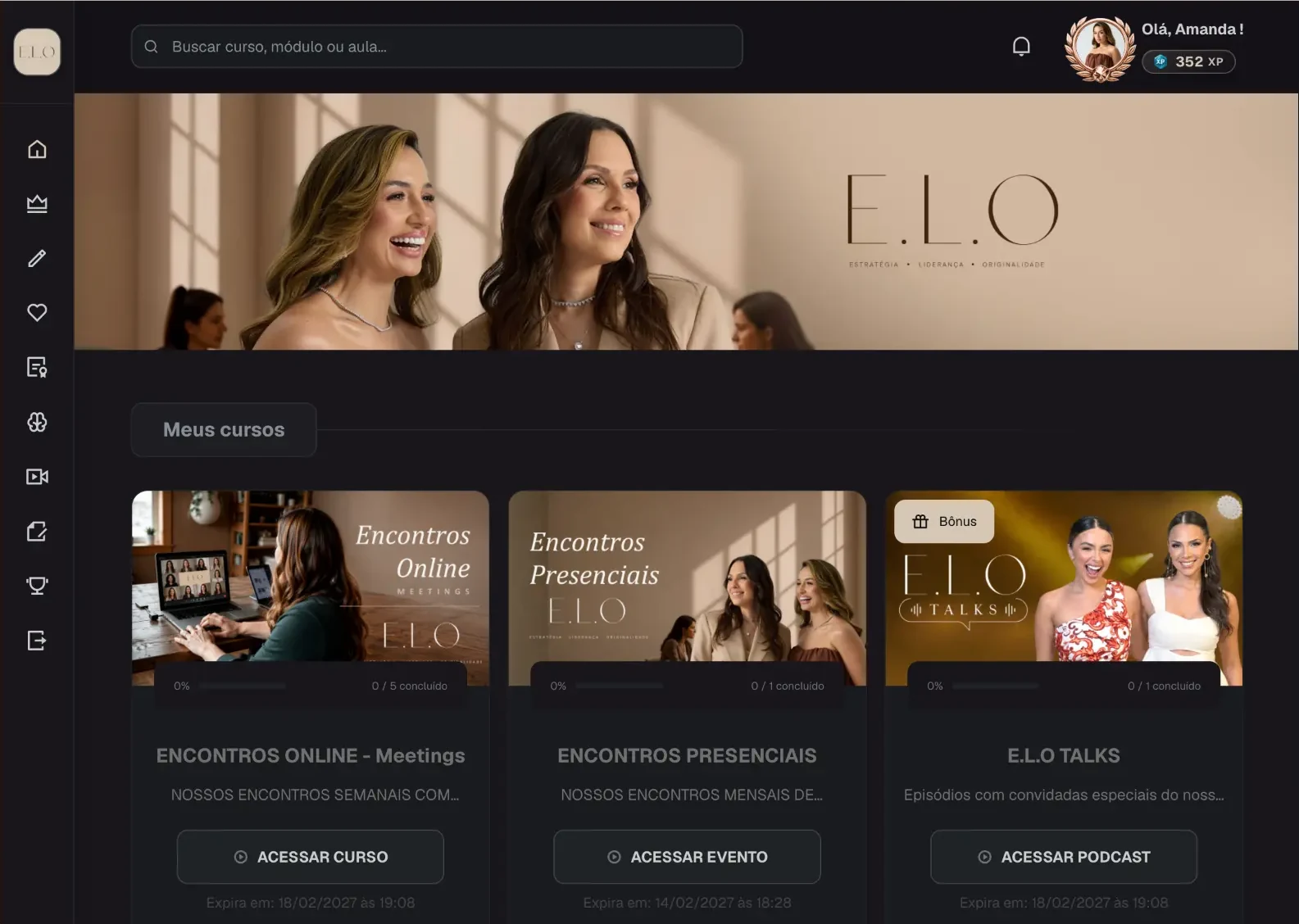 Tela real da plataforma ELO com os cursos Encontros Online, Encontros Presenciais e ELO Talks