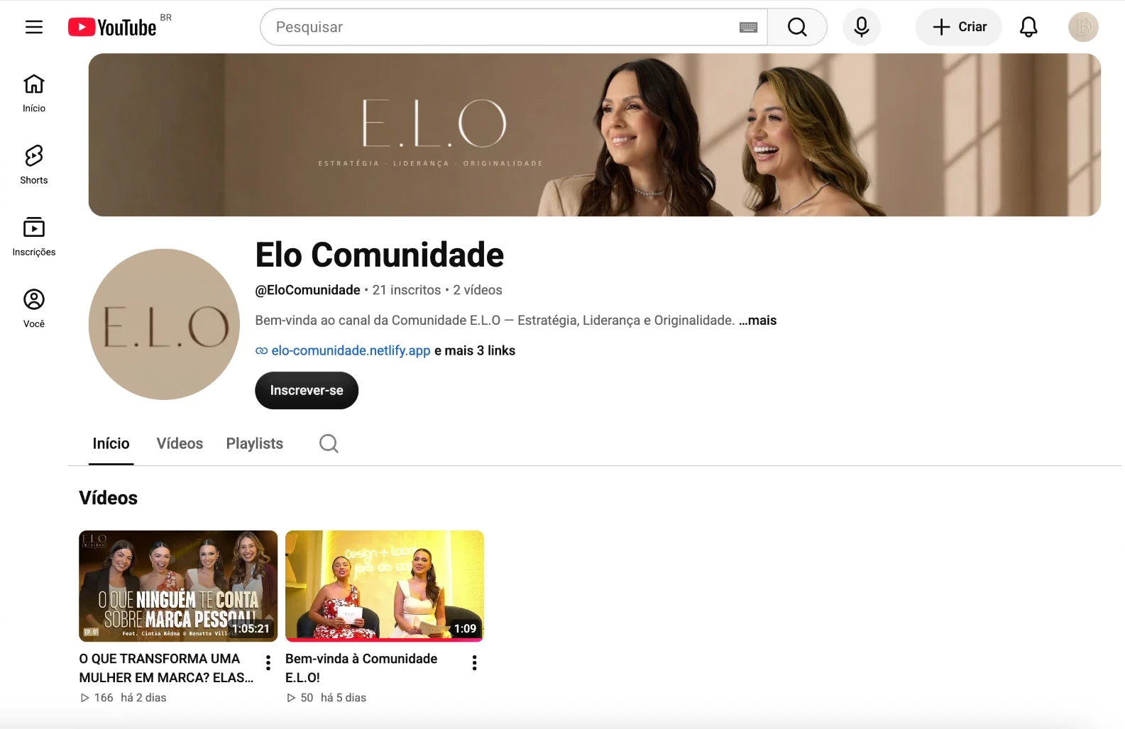 Interface do canal Elo Comunidade no YouTube, com capa e vídeos publicados