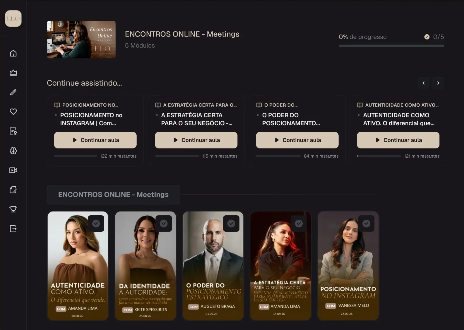 Tela real da plataforma ELO com módulos e aulas dos Encontros Online