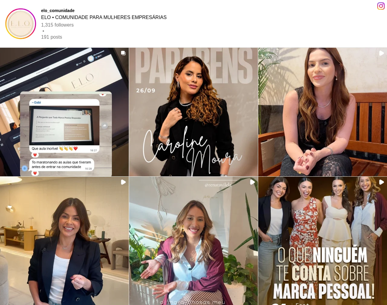 Prévia de seis publicações do perfil oficial @elo_comunidade no Instagram